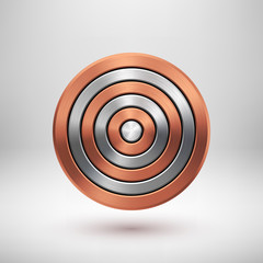 Bronze abstract circle geometric badge, technology perforated button template with metal texture, chrome, silver, steel, copper and realistic shadow for logo, design, web, apps. Vector illustration.