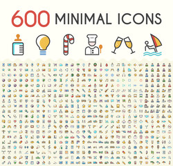 Set of 600 Solid Line Colored Multimedia, SEO, Business, Ecology, Education, Shopping, Transport, Home Appliances, Medical, Fitness and Sport, Beach, Baby, Veterinary, Christmas and Casino Icons. 