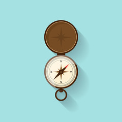 Compass in a flat style. Travel,hiking, camping or tourism. Navigation, route planning. Way finder. Vector illustration.