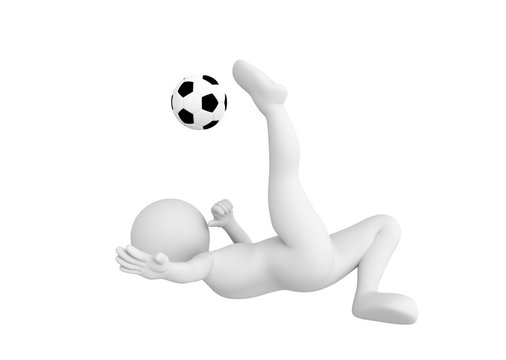 Toon man soccer player shooting ball in overhead kick pose. Football concept.