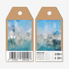 Tags on both sides, cardboard sale labels with barcode. Polygonal design, colorful geometric triangular backgrounds