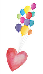 Fototapeta na wymiar Aufsteigender Herzluftballon mit bunten Luftballons - rotes Herz am Valentinstag