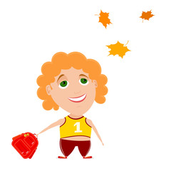 The return to school. The little boy with a red backpack, lookin