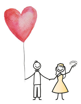 Brautpaar mit rotem Herzluftballon feiern mit Familie und Freunden Hochzeit - rotes Herz, vektor, isoliert