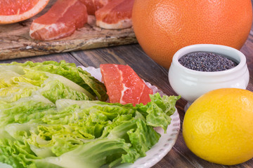 Ingredients for grapefruit salad with poppy seed honey lemon dressing.