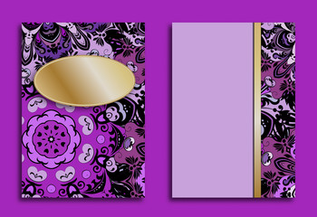 Card or invitation in oriental style with violet mandalas ornament. Islam, Arabic, Indian, ottoman motifs in lilac and gold colors.