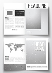 Set of business templates for brochure, magazine, flyer, booklet or annual report. Molecular construction with connected lines and dots, scientific design pattern on gray background.