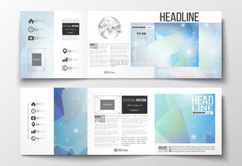 Set of tri-fold brochures, square design templates. Abstract colorful polygonal background, modern stylish triangle vector texture.