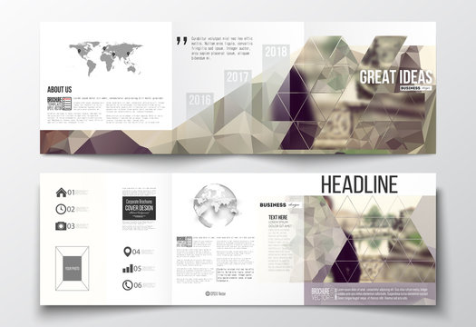 Set of tri-fold brochures, square design templates. Polygonal background, blurred image. Modern triangular vector texture.