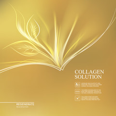 Scince illustration of golden background with regeneration cream. Organic cosmetic and skin care cream. Gold background for label of collagen solution. Vector illustration.