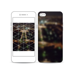 Mobile smartphone with an example of the screen and cover design isolated on white. Dark polygonal background, blurred image, night city landscape, Paris cityscape, modern triangular vector texture