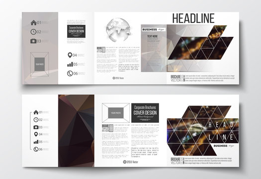 Set of tri-fold brochures, square design templates. Dark polygonal background, blurred image, night city landscape, Paris cityscape, modern triangular vector texture
