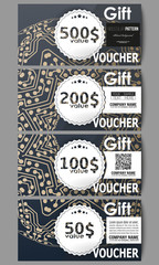 Set of modern gift voucher templates. Golden microchip pattern, abstract template with connecting dots and lines, connection structure. Digital scientific vector background