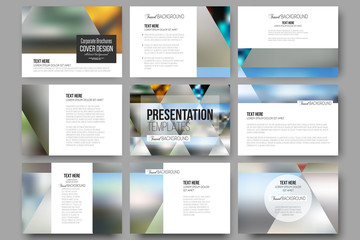 Set of 9 templates for presentation slides. Abstract multicolored background, blurred nature landscapes, geometric vector, triangular style illustration