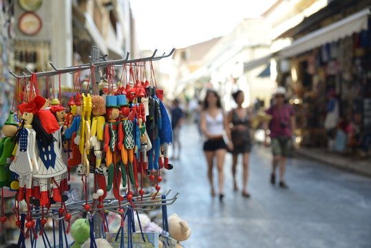 Tourist walk on the streets of Plaka historical area Athens Greece