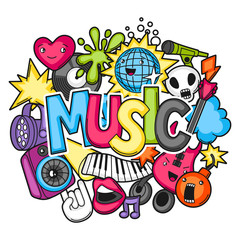 Music party kawaii design. Musical instruments, symbols and objects in cartoon style