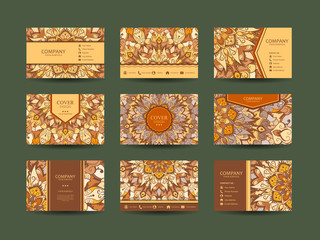 Fototapeta na wymiar Business cards big set. Vector vintage design Floral mandala pattern and ornaments. Oriental design Layout. Islam, Arabic, Indian, ottoman motifs. Front page and back page.
