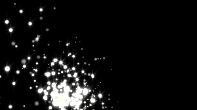 Glowing star particle in random direction with bounce on spotlight ground abstract background animation motion graphic 3D render with copy space on black background 
