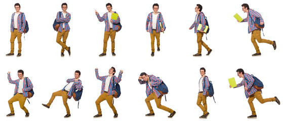 Collage of student with backpack on white