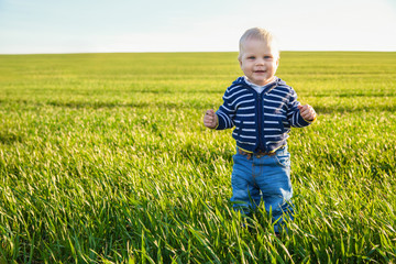 Beautiful baby boy standing in the green grass