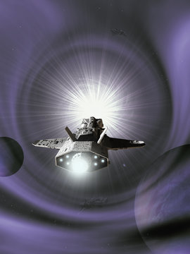 Interplanetary Spaceship Approaching a Purple Wormhole - science fiction illustration