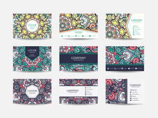Business cards big set. Vector vintage design Floral mandala pattern and ornaments. Oriental design Layout. Islam, Arabic, Indian, ottoman motifs. Front page and back page.