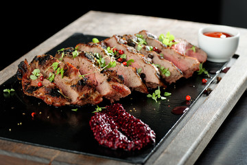 Juicy steak medium rare beef with spices