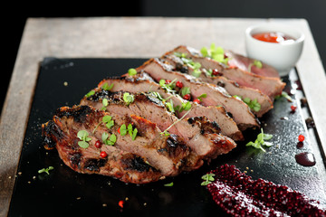 Juicy steak medium rare beef with spices