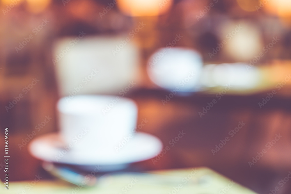 Poster blurred background,coffee cup on table with bokeh light