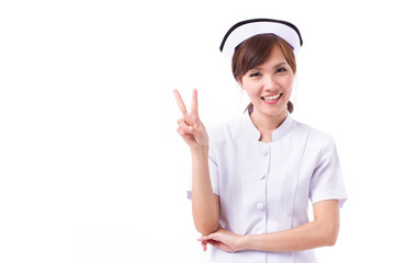 happy asian nurse pointing up 2 fingers, victory hand sign