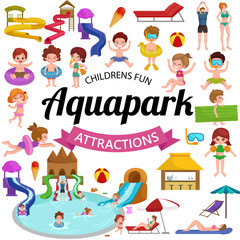 Water aquapark playground with slides and splash pads for family fun vector illustration.