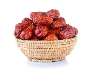 Dried red date or Chinese jujube in basket on white background