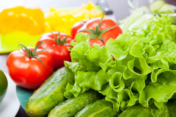 still life of vegetables on plate close-up