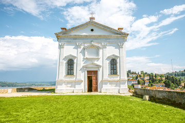 Naklejka premium Entrance facade of St. George's church in Piran city in Slovenia
