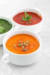 assortment of colorful vegetable cream soup on white background