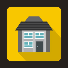 Grey two storey house icon in flat style on a yellow background