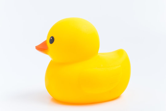 side view yellow rubber duck isolate on white background