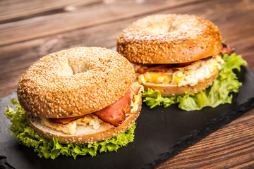 Bagel with bacon and egg