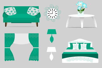 A set of furniture for the interior. Furniture for the room, color of a sea wave vector illustration. To design the bedroom and living room
