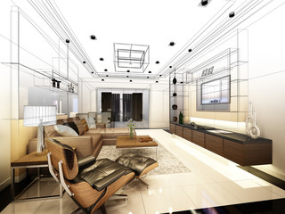 sketch design of living ,3d wire frame rendering