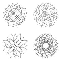 set of four vector floral simple mandalas - rose, sunflower, lotus and aster - black and white adult coloring book pages