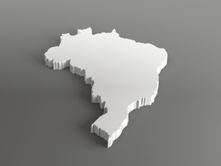 Real 3D shape white silver map of Brazil on gray background. High-resolution 3d illustration. Perspective view