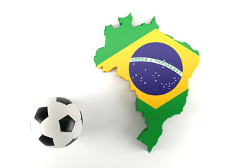 Real 3D shape map of Brazil in national flag colors on white background with soccer ball. Football sport theme. High-resolution 3d illustration.