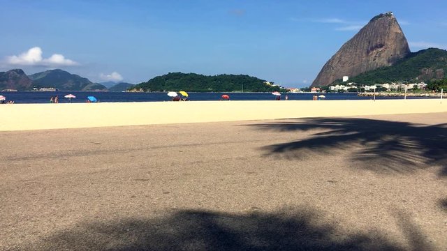 Scenic view of Flamengo Beach with palm tree shadows in front of Sugarloaf Mountain in Rio de Janeiro, Brazil