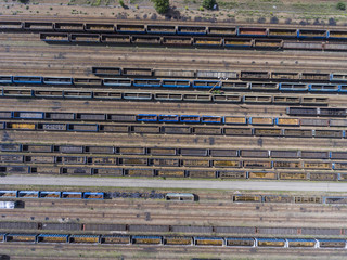 Depot with many railways at day in city at sunny day. View from