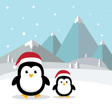 Penguins standing on white snow in Antarctica's winter background. Cute Penguin cartoon  with ice mountain flat design. vector illustration.