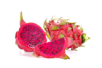 Fresh red dragon fruit on white background.