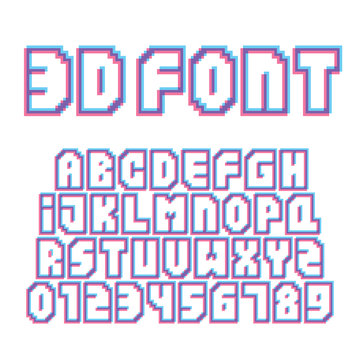 Pixel art style stereo effect letters and numbers vector set