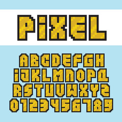 Pixel art style golden alphabet and numbers vector font set