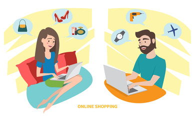 Happy woman and happy man doing online shopping at home